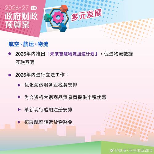 【最新消息】2026-27 年度《财政预算案》促进航空、航运、物流业，包括推出「未来智慧物流加速计划」以及优化海运服务业税务安排。
http://t.cn/AXcGu4Bf

#香港##香港品牌##亚洲国际都会##香港财政预算案##财政预算案##航空##航运##物流# ​