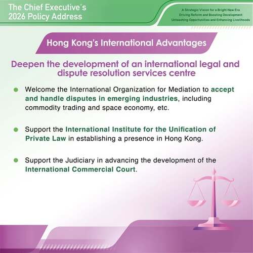 BREAKING: The #policyaddress2026 gives full play to Hong Kong’s institutional advantages in fostering growth of diverse industries with a competitive edge: deepen the development of an international legal and dispute resolution services centre, develop a regional intellectual property trading centre, establish an East-meets-West centre for international cultural exchange and boost the development of arts and culture.  www.policyaddress.gov.hk #hongkong #brandhongkong #asiasworldcity #policyaddress2026 #PA2026 #disputeresolution #legalservice #culturalindustry
