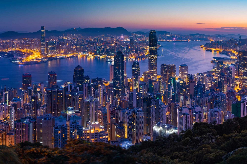 Panorama view before sunrise on Hong Kong Peak in Hong Kong