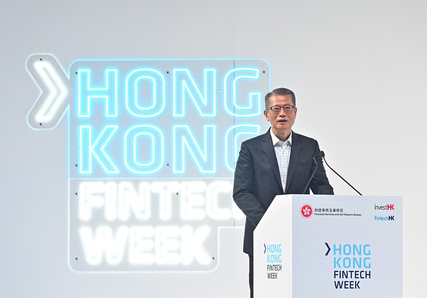 Financial Secretary Paul Chan delivered an opening remark at the Hong Kong Fintech Week.